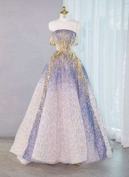 Robe de soirée glamour lilas ombré à sequins, épaules dénudées, coupe trapèze, tissu pailleté DP7458