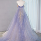 Robe de soirée glamour lilas ombré à sequins, épaules dénudées, coupe trapèze, tissu pailleté DP7458