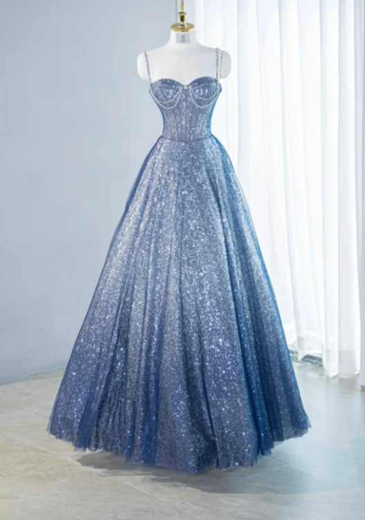Gorgeous Blue Ombre Sweetheart Sequin Spaghetti Strap Sparkle Tulle Sweet 16 Quinceanera Ball Gown  DP7459