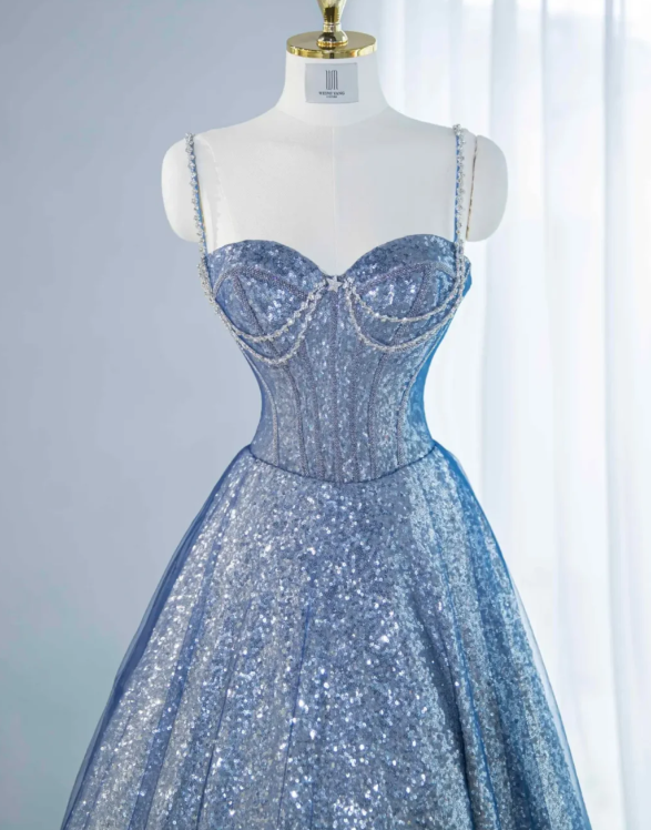 Gorgeous Blue Ombre Sweetheart Sequin Spaghetti Strap Sparkle Tulle Sweet 16 Quinceanera Ball Gown  DP7459