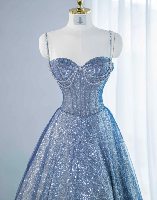 Gorgeous Blue Ombre Sweetheart Sequin Spaghetti Strap Sparkle Tulle Sweet 16 Quinceanera Ball Gown  DP7459