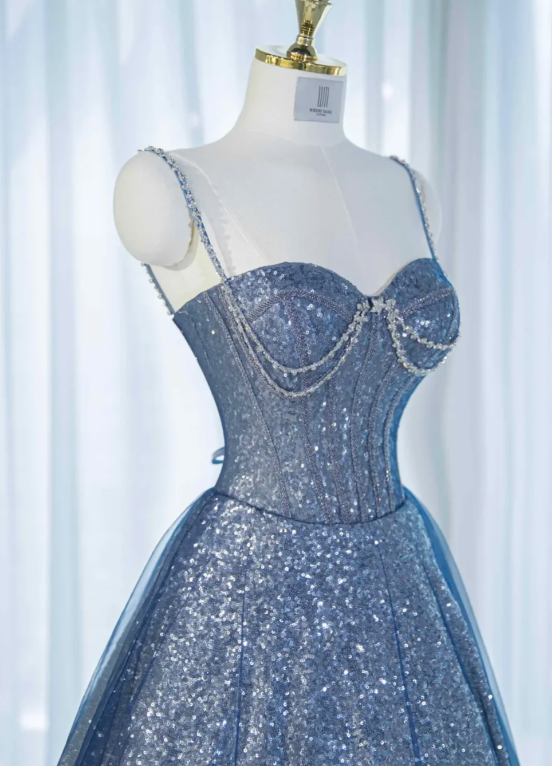 Gorgeous Blue Ombre Sweetheart Sequin Spaghetti Strap Sparkle Tulle Sweet 16 Quinceanera Ball Gown  DP7459