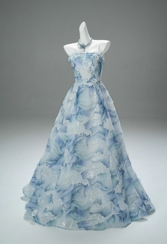 Gorgeous Blue Watercolor Sequin Strapless Sheer Organza A-Line Sweet 16 Quinceanera Ball Gown  DP7463