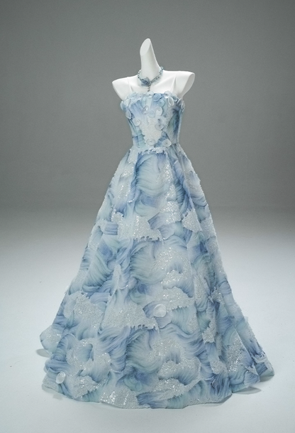 Gorgeous Blue Watercolor Sequin Strapless Sheer Organza A-Line Sweet 16 Quinceanera Ball Gown  DP7463