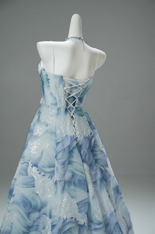 Gorgeous Blue Watercolor Sequin Strapless Sheer Organza A-Line Sweet 16 Quinceanera Ball Gown  DP7463