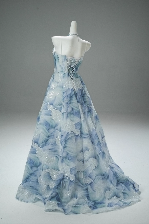 Gorgeous Blue Watercolor Sequin Strapless Sheer Organza A-Line Sweet 16 Quinceanera Ball Gown  DP7463