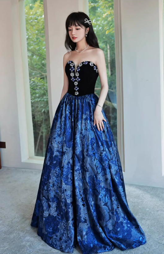 Glamorous Navy Blue A-Line Beaded Strapless Floral Evening Gown DP7464