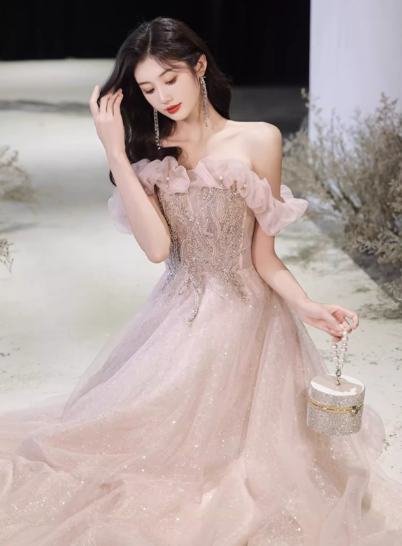 Glamorous Pink Sparkle Tulle Off-Shoulder Beaded Ruffled Evening Gown DP7465