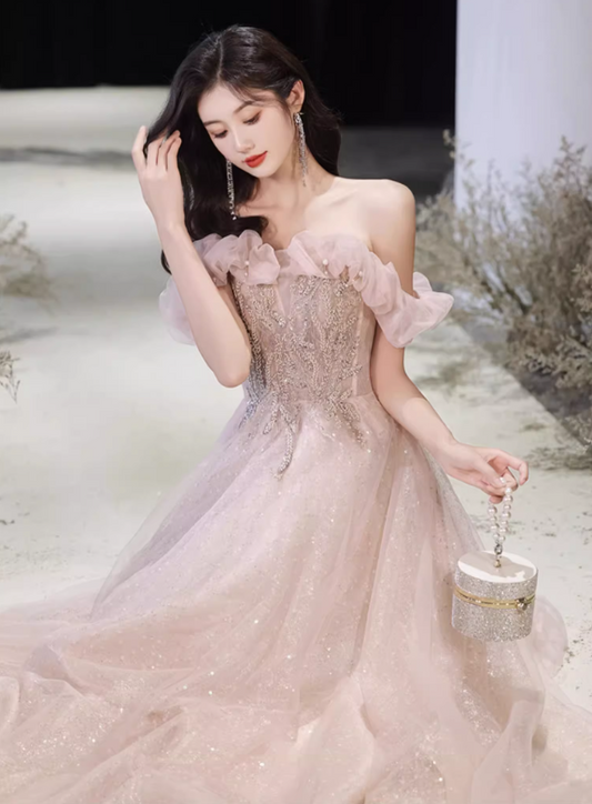 Glamorous Pink Sparkle Tulle Off-Shoulder Beaded Ruffled Evening Gown DP7465