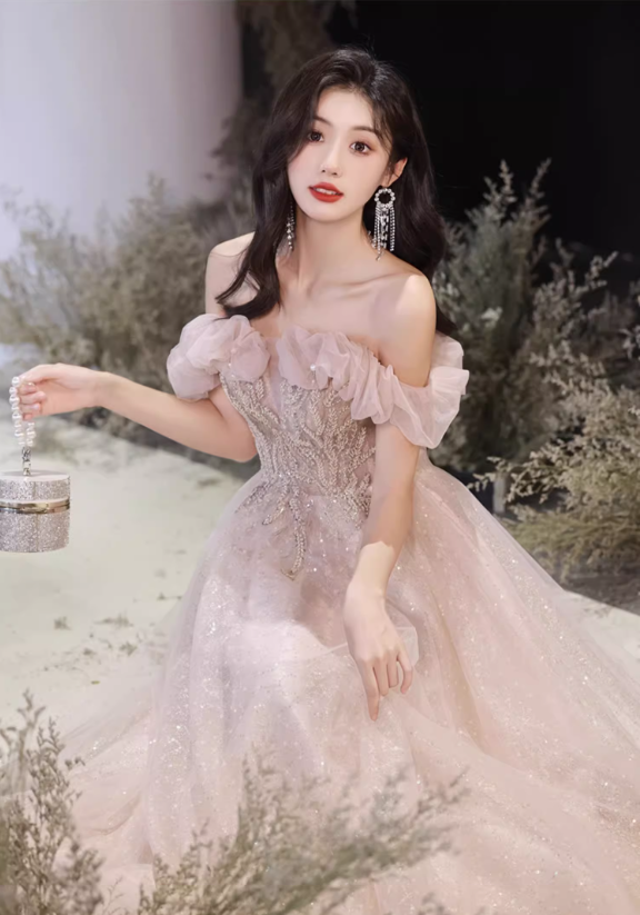 Glamorous Pink Sparkle Tulle Off-Shoulder Beaded Ruffled Evening Gown DP7465