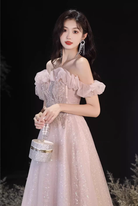 Glamorous Pink Sparkle Tulle Off-Shoulder Beaded Ruffled Evening Gown DP7465