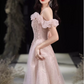Glamorous Pink Sparkle Tulle Off-Shoulder Beaded Ruffled Evening Gown DP7465