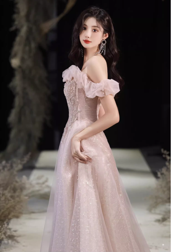 Glamorous Pink Sparkle Tulle Off-Shoulder Beaded Ruffled Evening Gown DP7465