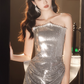 Robe de soirée glamour argentée à sequins, bustier, drapée, nœud, en tissu scintillant DP7467