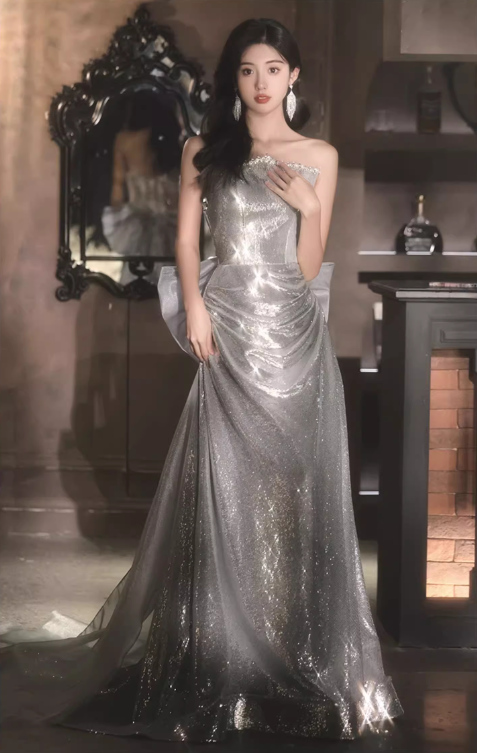 Glamorous Silver Sequin Strapless Draped Bow Shimmer Fabric Evening Gown DP7467