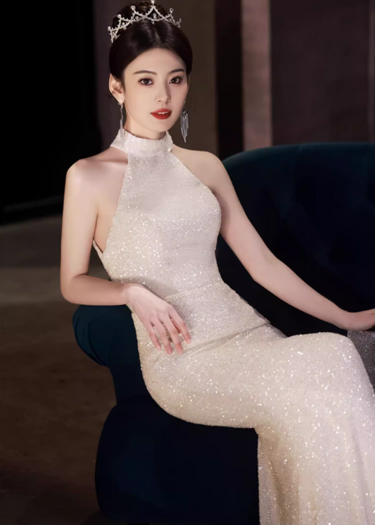 Glamorous Champagne Sequin Mermaid Halter Neck Feather-Accented Sparkle Fabric Evening Gown DP7468