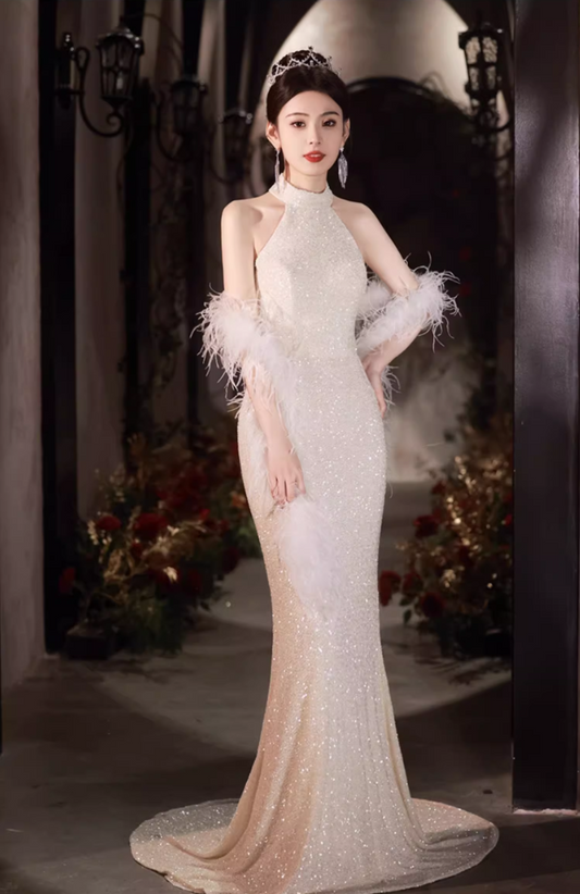 Glamorous Champagne Sequin Mermaid Halter Neck Feather-Accented Sparkle Fabric Evening Gown DP7468