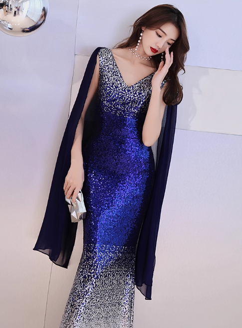 Robe de soirée sirène glamour bleu roi à argent dégradé sequins DP7469