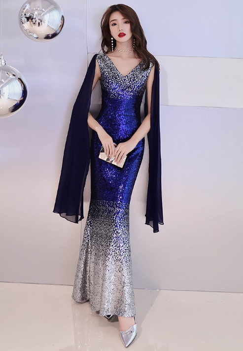Robe de soirée sirène glamour bleu roi à argent dégradé sequins DP7469