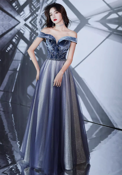 Glamorous Navy Blue Ombre Glitter Tulle Off-Shoulder Velvet Bodice Sparkle Evening Gown DP7470
