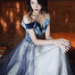 Glamorous Navy Blue Ombre Glitter Tulle Off-Shoulder Velvet Bodice Sparkle Evening Gown DP7470