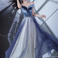 Glamorous Navy Blue Ombre Glitter Tulle Off-Shoulder Velvet Bodice Sparkle Evening Gown DP7470
