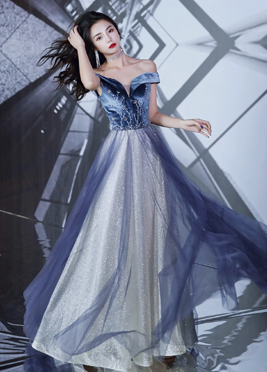 Glamorous Navy Blue Ombre Glitter Tulle Off-Shoulder Velvet Bodice Sparkle Evening Gown DP7470