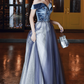 Glamorous Navy Blue Ombre Glitter Tulle Off-Shoulder Velvet Bodice Sparkle Evening Gown DP7470