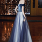 Glamorous Navy Blue Ombre Glitter Tulle Off-Shoulder Velvet Bodice Sparkle Evening Gown DP7470