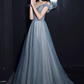 Gorgeous Dusty Blue Sparkle Tulle Off-Shoulder Beaded Sweet 16 Quinceanera Ball Gown  DP7472
