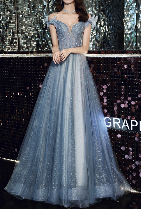 Gorgeous Dusty Blue Sparkle Tulle Off-Shoulder Beaded Sweet 16 Quinceanera Ball Gown  DP7472