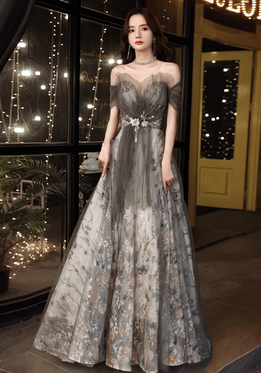 Gorgeous Gray Tulle Floral Embroidery Off-Shoulder Beaded Sweet 16 Quinceanera Ball Gown  DP7473