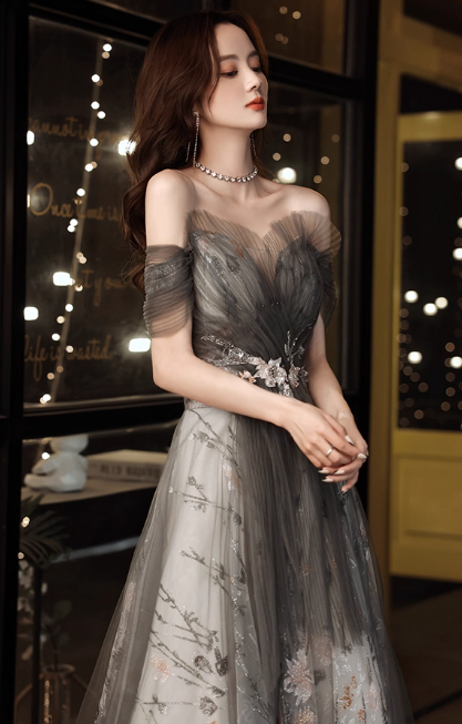 Gorgeous Gray Tulle Floral Embroidery Off-Shoulder Beaded Sweet 16 Quinceanera Ball Gown  DP7473