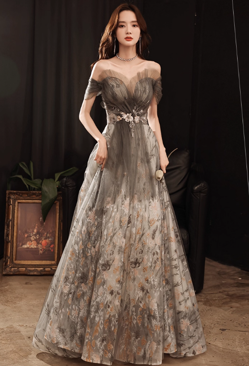 Gorgeous Gray Tulle Floral Embroidery Off-Shoulder Beaded Sweet 16 Quinceanera Ball Gown  DP7473