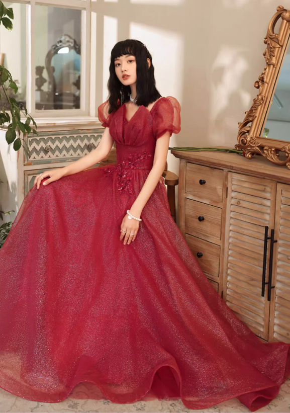 Gorgeous Burgundy Sparkle Tulle Puff Sleeve Sweet 16 Quinceanera Ball Gown  DP7474