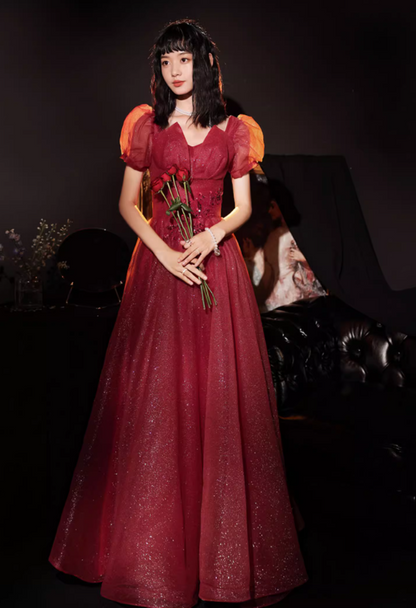 Gorgeous Burgundy Sparkle Tulle Puff Sleeve Sweet 16 Quinceanera Ball Gown  DP7474