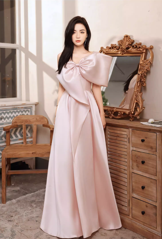 Glamorous Pink Satin Oversized Bow One-Shoulder Evening Gown DP7475