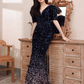 Robe de soirée sirène glamour bleu marine à sequins, col en V et manches bouffantes DP7476