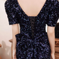 Robe de soirée sirène glamour bleu marine à sequins, col en V et manches bouffantes DP7476