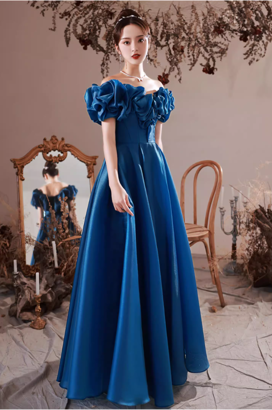 Gorgeous Royal Blue Satin Off-Shoulder Ruffled Puff-Sleeve Sweet 16 Quinceanera Ball Gown  DP7477