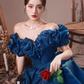 Gorgeous Royal Blue Satin Off-Shoulder Ruffled Puff-Sleeve Sweet 16 Quinceanera Ball Gown  DP7477