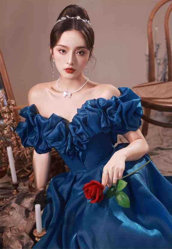 Gorgeous Royal Blue Satin Off-Shoulder Ruffled Puff-Sleeve Sweet 16 Quinceanera Ball Gown  DP7477