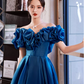 Gorgeous Royal Blue Satin Off-Shoulder Ruffled Puff-Sleeve Sweet 16 Quinceanera Ball Gown  DP7477