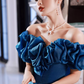 Gorgeous Royal Blue Satin Off-Shoulder Ruffled Puff-Sleeve Sweet 16 Quinceanera Ball Gown  DP7477