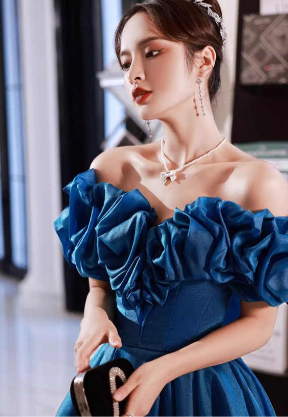 Gorgeous Royal Blue Satin Off-Shoulder Ruffled Puff-Sleeve Sweet 16 Quinceanera Ball Gown  DP7477