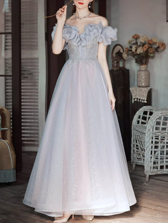 Gorgeous Tulle Off-Shoulder Ruffled Beaded Sweet 16 Quinceanera Ball Gown  DP7478