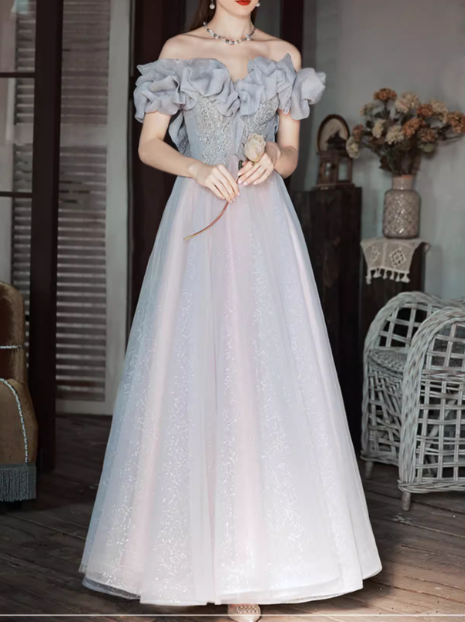 Gorgeous Tulle Off-Shoulder Ruffled Beaded Sweet 16 Quinceanera Ball Gown  DP7478