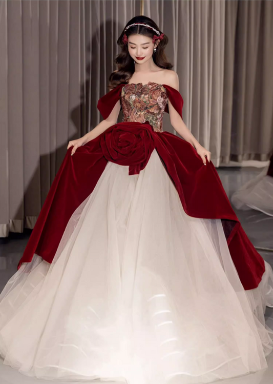 Gorgeous Burgundy Velvet & Ivory Tulle Off-Shoulder 3D Rose Embroidered Sweet 16 Quinceanera Ball Gown DP7479