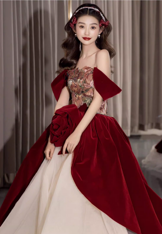 Gorgeous Burgundy Velvet & Ivory Tulle Off-Shoulder 3D Rose Embroidered Sweet 16 Quinceanera Ball Gown DP7479