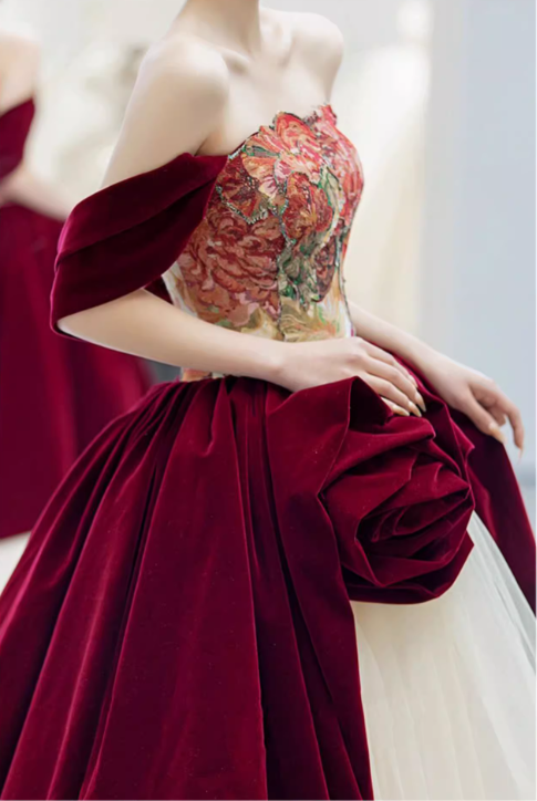 Gorgeous Burgundy Velvet & Ivory Tulle Off-Shoulder 3D Rose Embroidered Sweet 16 Quinceanera Ball Gown DP7479